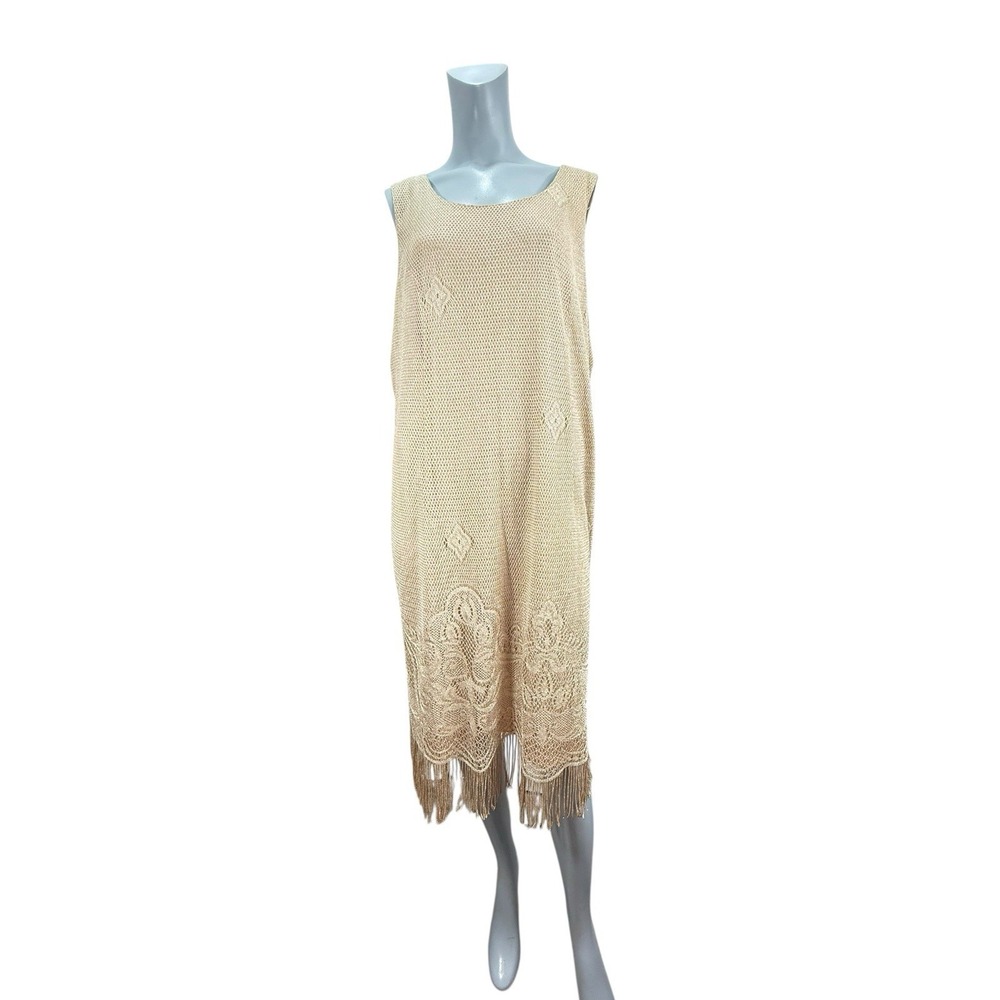 Women's 18W Onyx Nite By Wendy Chaitin Gold‎ Metallic Sleeveless Dress Fringed